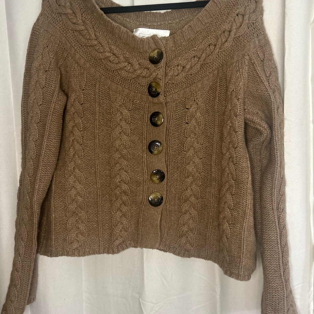 Vintage Cable Knit Brown Wool Blend Button Wide Neck Sweater Top Cardigan